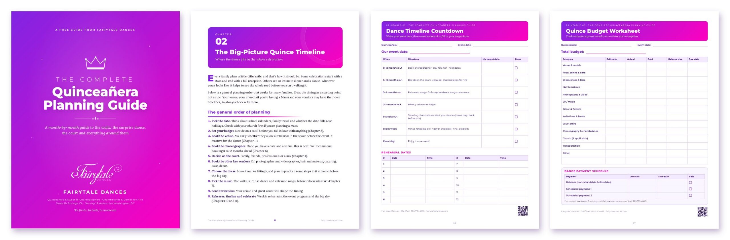 Sample pages from the free Quinceañera Planning Guide